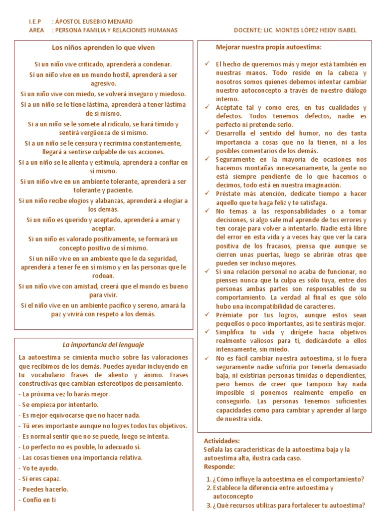 Ficha sobre Autoestima y su Importancia | PDF | Autoestima | Sicología