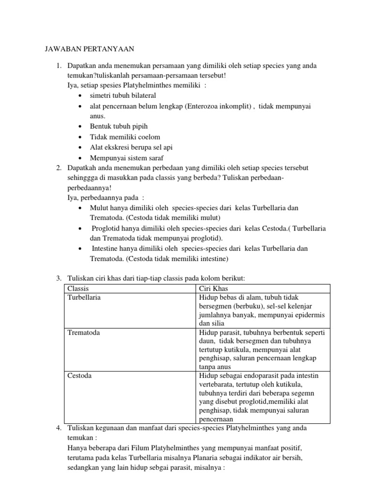 Jawaban Pertanyaan Kesimpulan Platyhelminthes