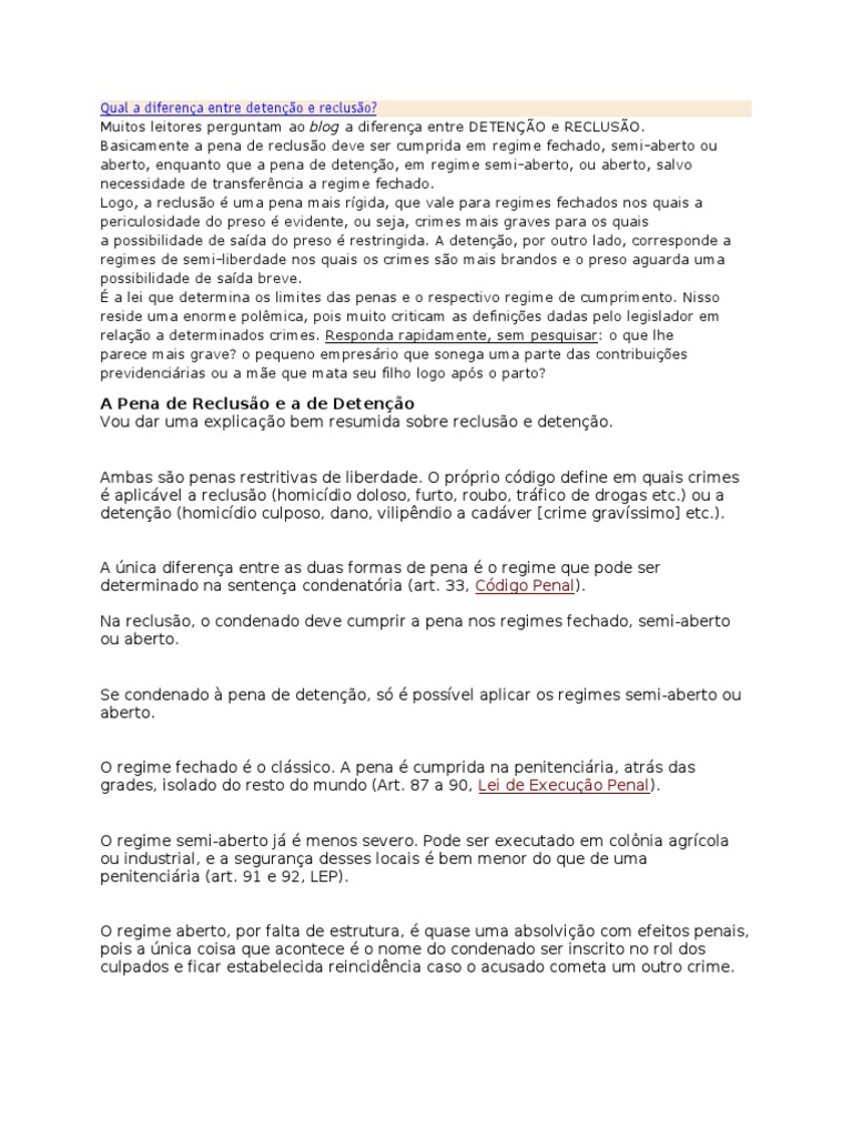 Qual A Diferença De Reclusão E Detenção