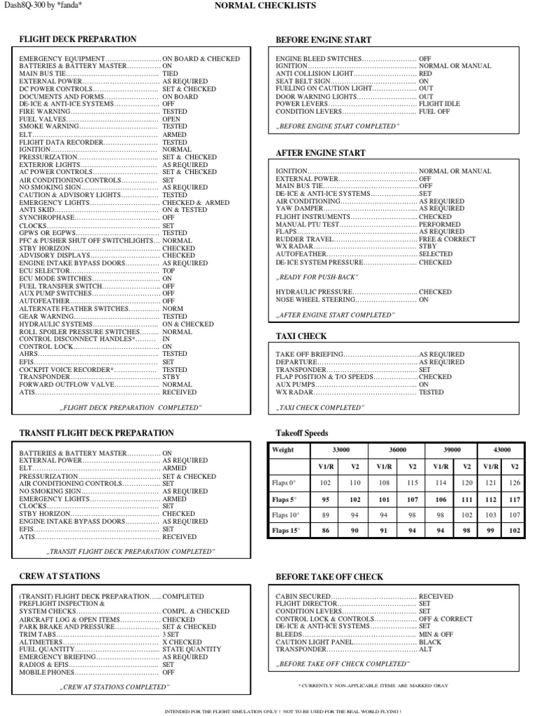 Dash 8 A 4 Checklist 100203 PDF Takeoff Fuel Injection