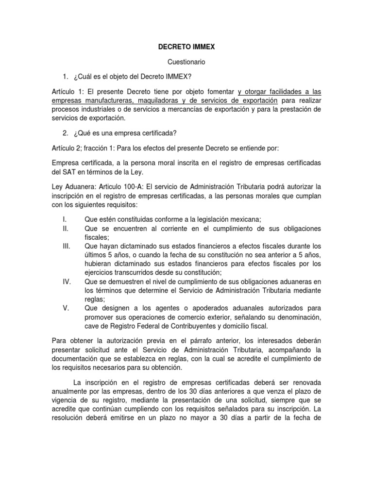 Decreto Immex | PDF | Exportaciones | Impuesto sobre la renta