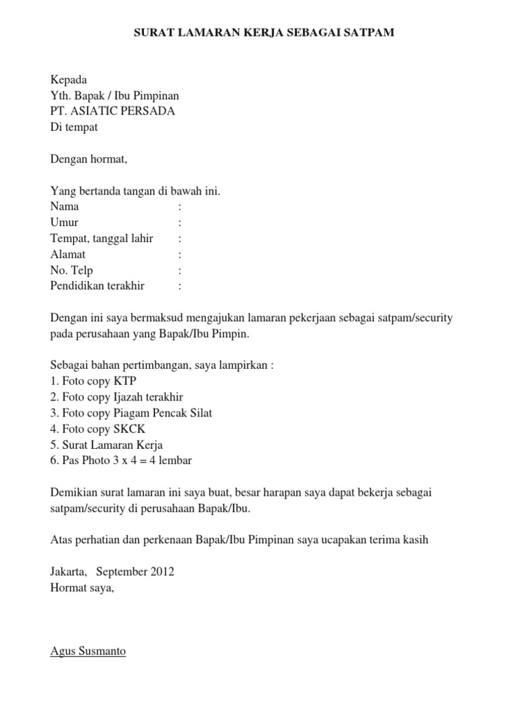 Download 61+ Contoh Surat Lamaran Kerja Jadi Satpam Gratis
