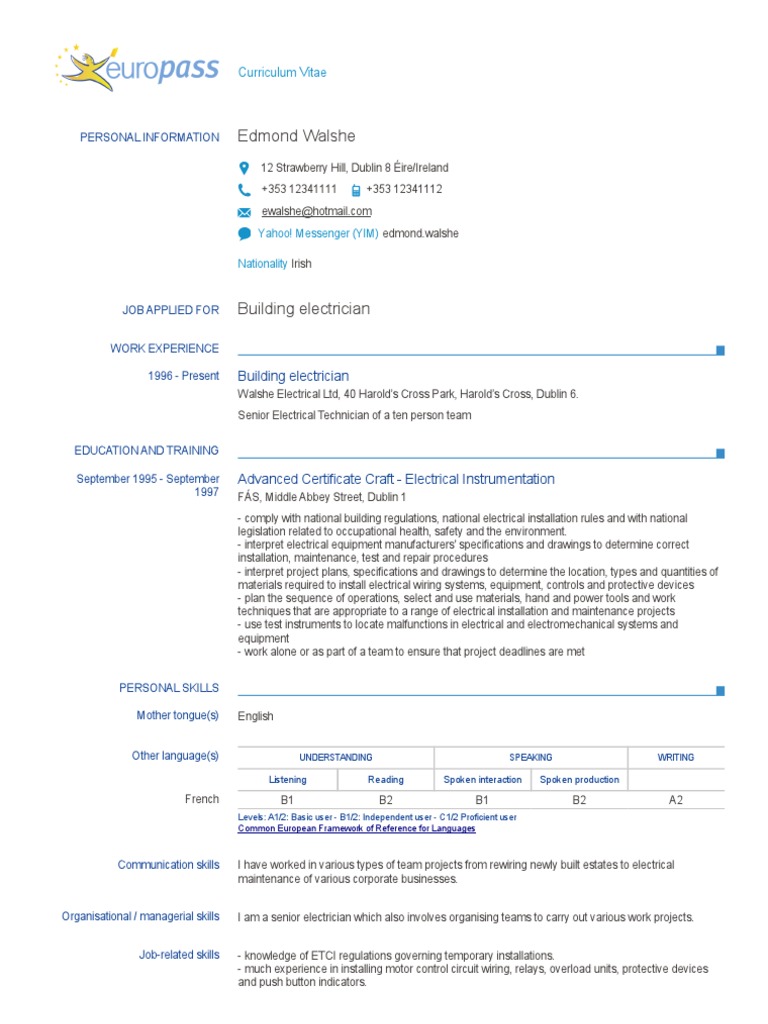 Europass CV Example 1 en IE | Electrician | Professional Certification