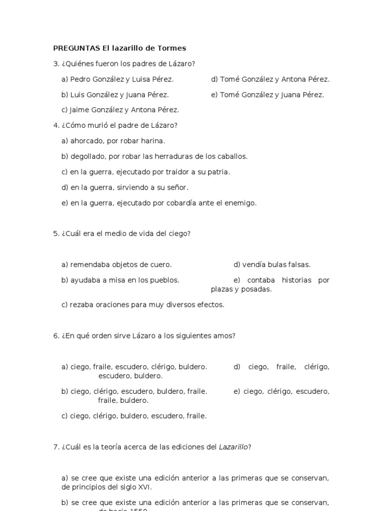 Preguntas y respuestas sobre Lázaro de Tormes | PDF