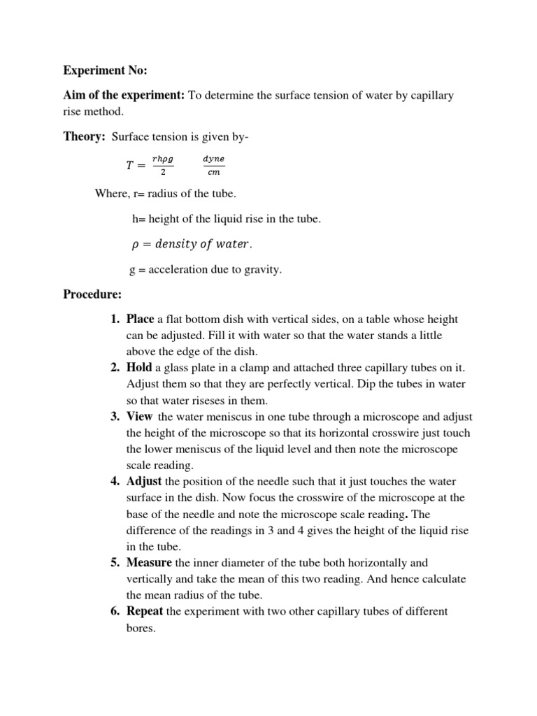 Capillary Rise Method Surface Tension Applied And Interdisciplinary