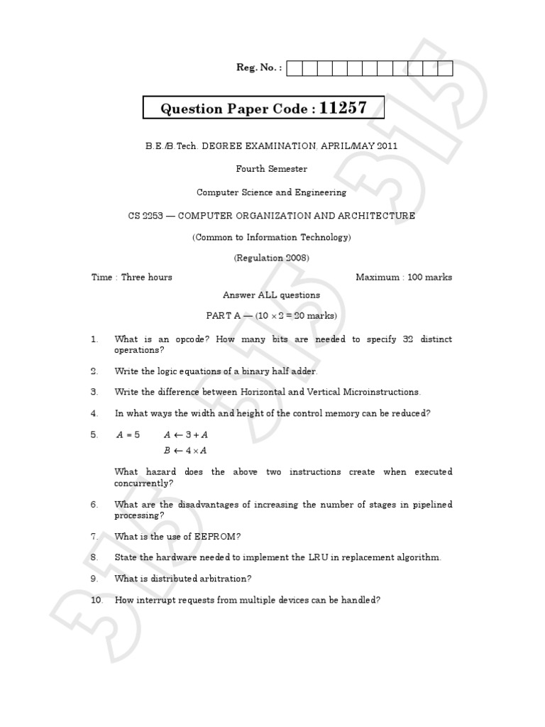 Computer Architecture Exam Paper 2011 | PDF | Computer Engineering ...