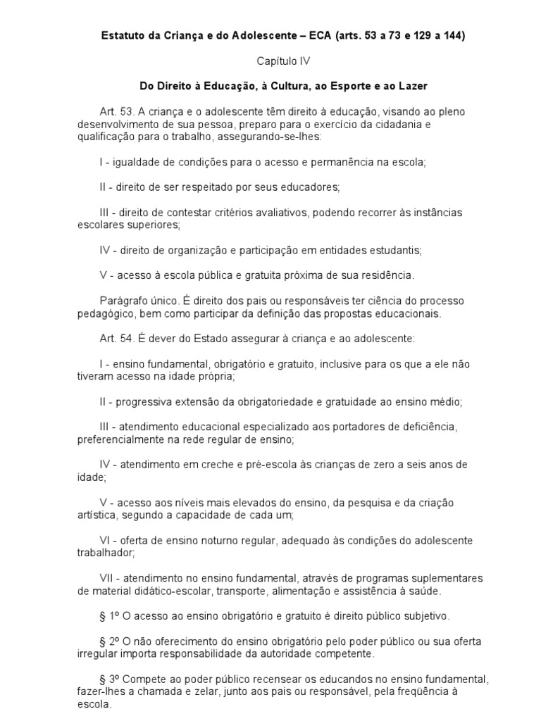 Estatuto Da Criança e Do Adolescente - ECA (Arts. 53 A 73 e 129 A 144 ...