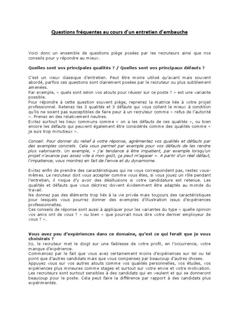 Question Réponse Entretien D embauche Aide Soignante Questions Au Cours D'un Entretien D'embauche PDF | PDF | Recherche d'emploi  | Entretien d'embauche