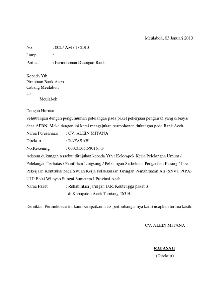 Surat Permohonan Dukungan Bank