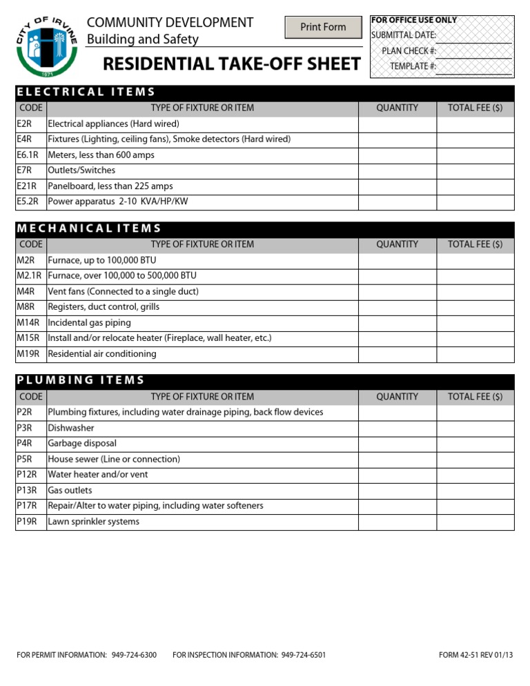 Residential Take-Off Sheet Template | PDF