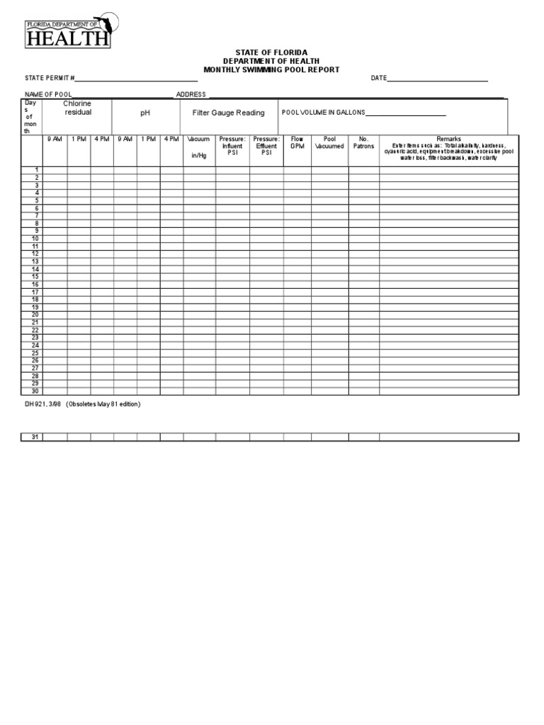 Chlorine Residual PH Filter Gauge Reading State of Florida Department