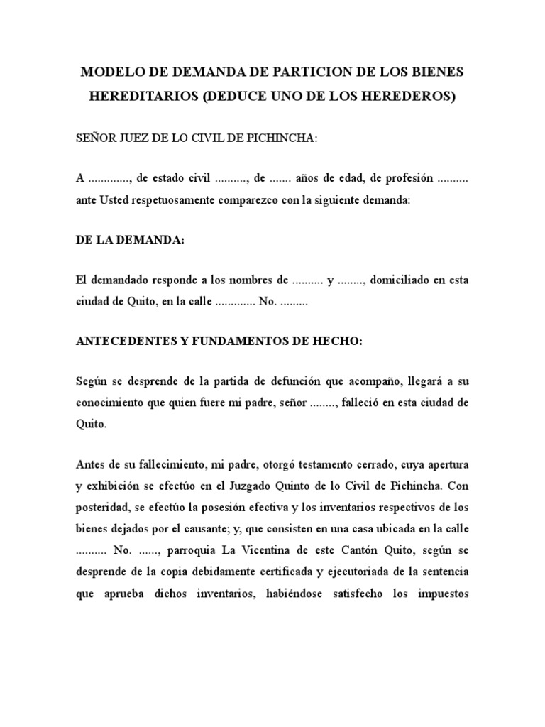 Modelo de Demanda de Particion de Los Bienes Hereditarios | PDF | Demanda  judicial | Caso de ley