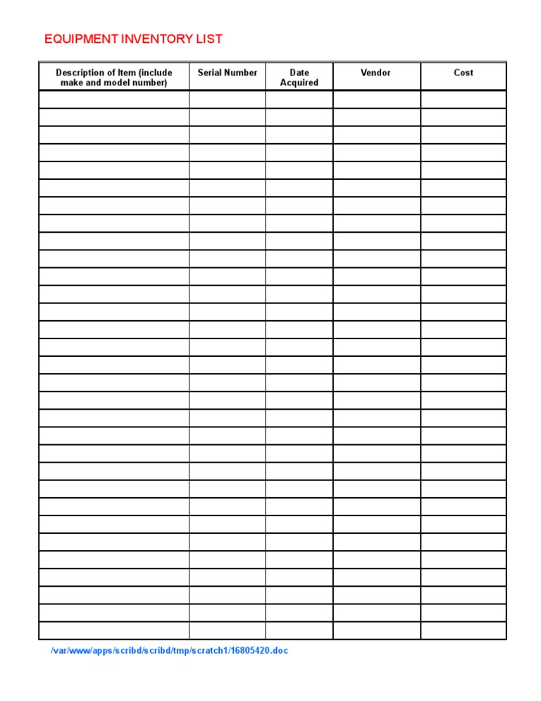 Equipment Inventory List Template | PDF