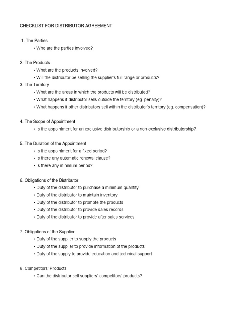 Distributor Agreement Checklist | PDF | Product Liability | Trademark