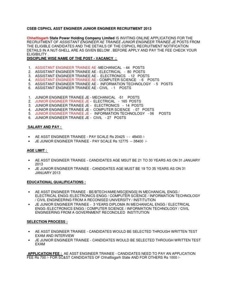 Cseb CSPHCL Asst Engineer Junior Engineer Recruitment 2013 | PDF 