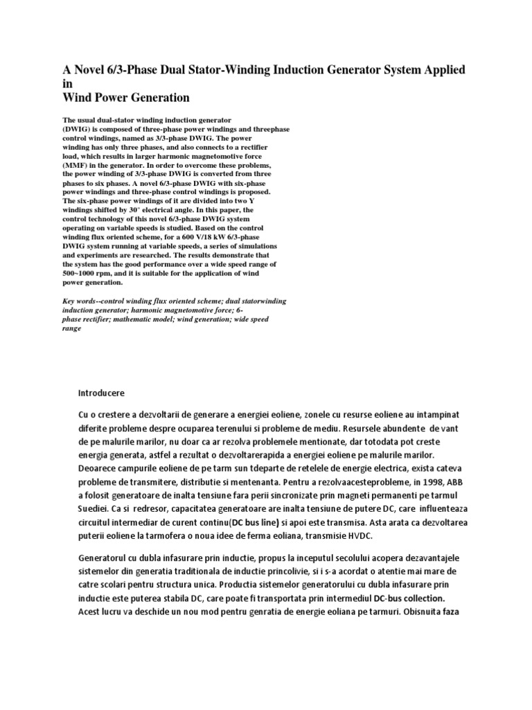 6/3-Phase Induction Generator for Wind Power | PDF