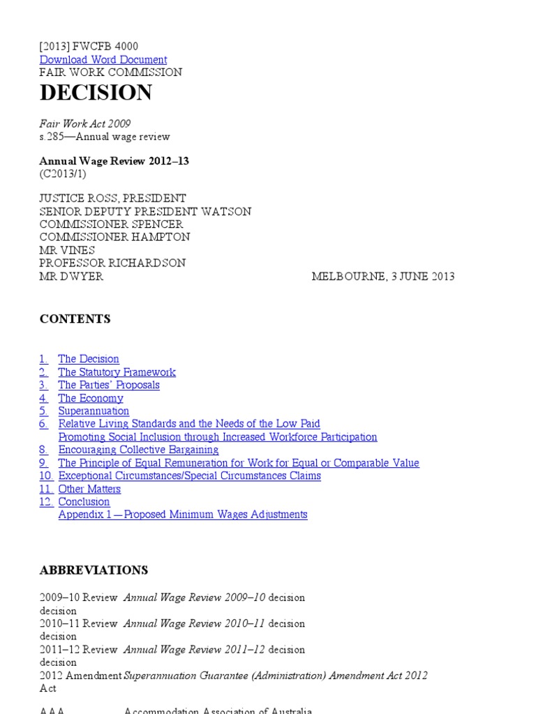 Fair Work Commission Annual Wage Review 2012 2013 Decision PDF
