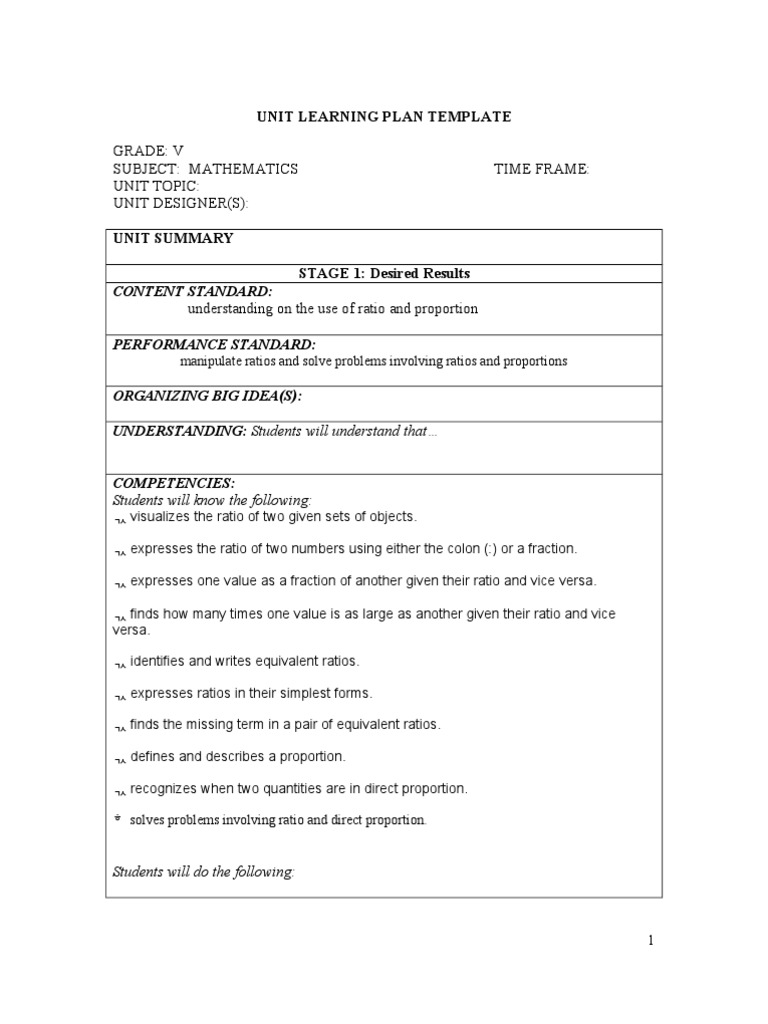 Unit Learning Plan | PDF | Ratio | Educational Assessment
