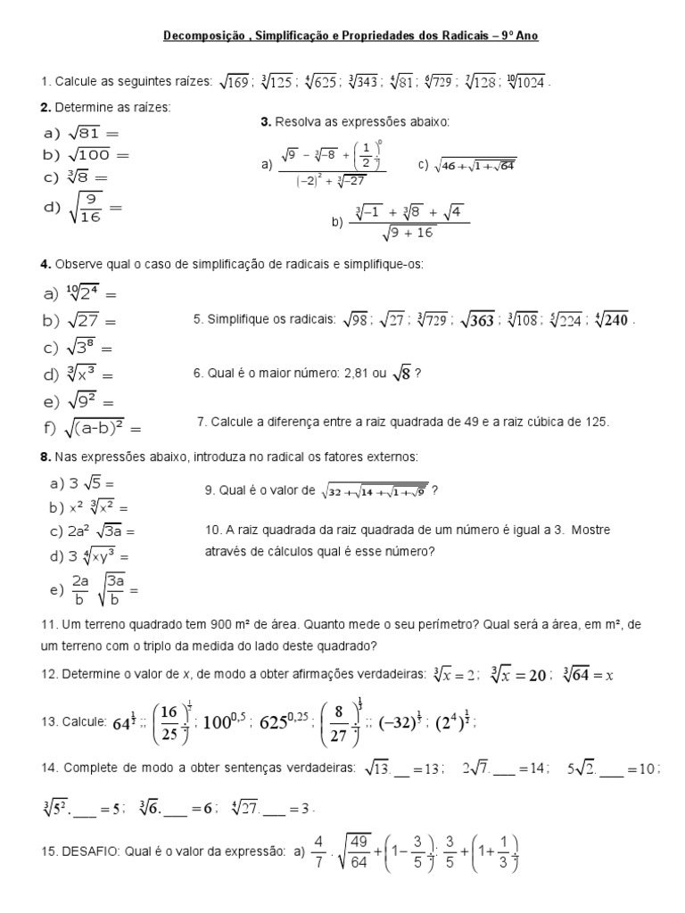 Exercícios de Simplificação de Radicais 9º Ano | PDF | Raiz quadrada ...