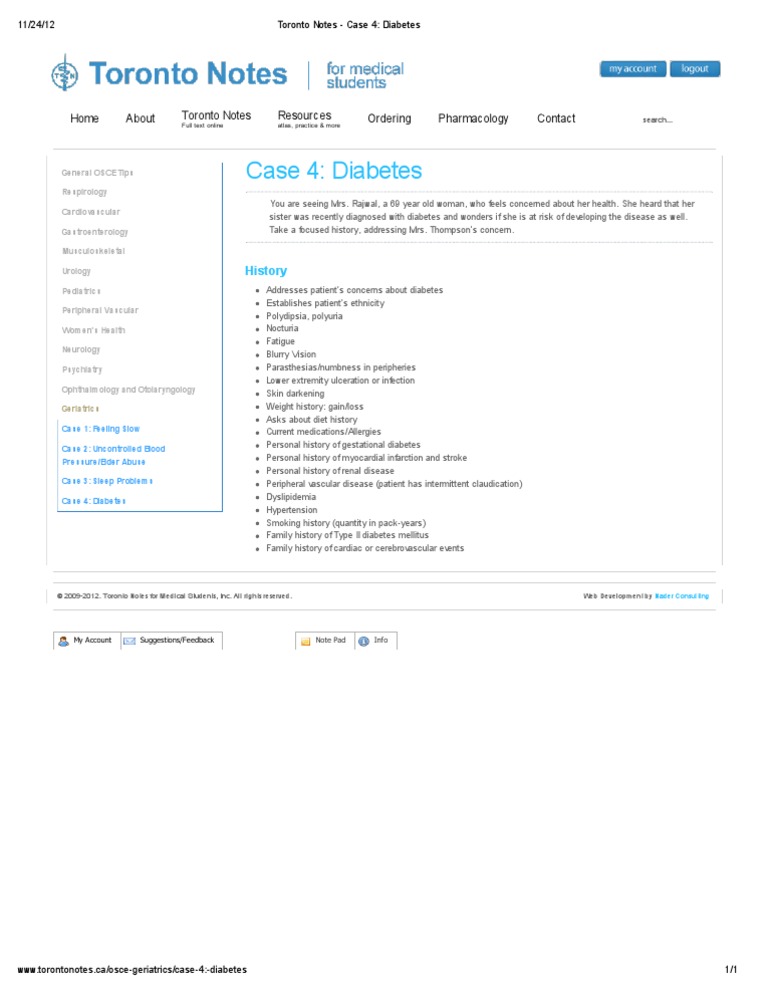 Toronto Notes - Case 4 - Diabetes | PDF | Diabetes | Diseases And Disorders