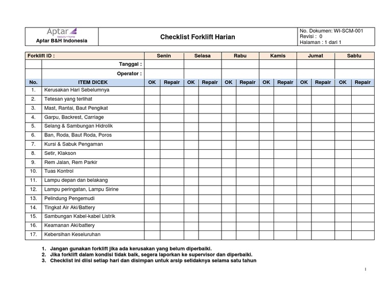 Contoh Checklist Kebersihan