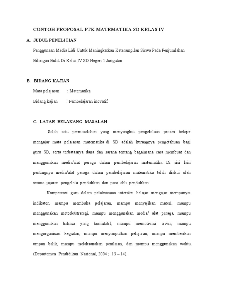 Contoh Proposal Ptk Matematika Sd Kelas Iv