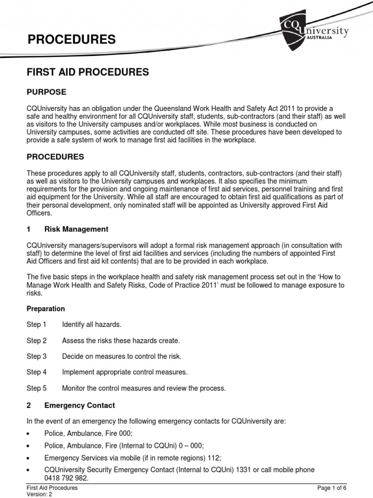 First Aid Procedures PDF First Aid Occupational Safety And Health