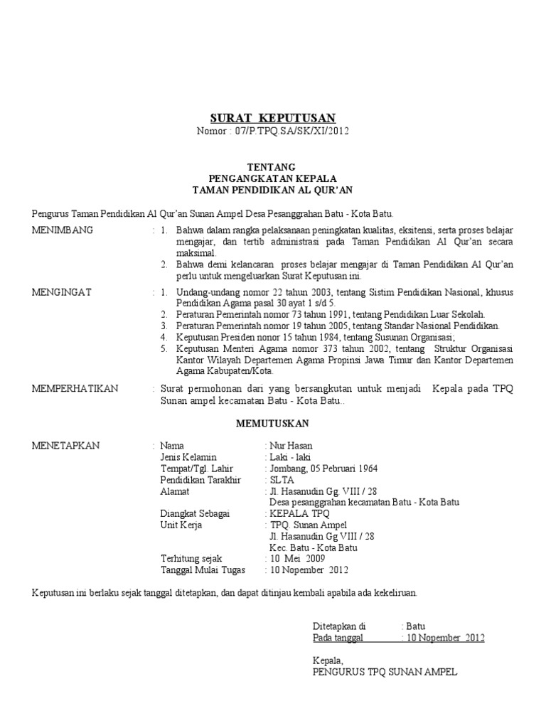 Contoh Surat Keputusan
