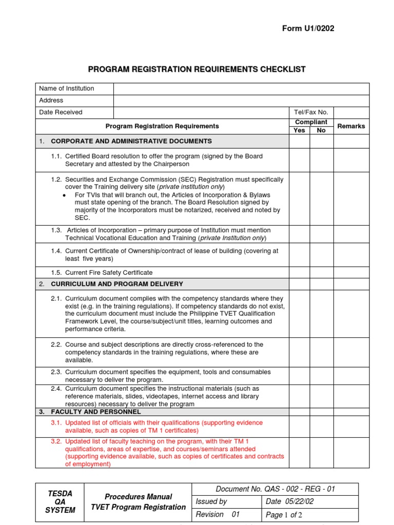TESDA Program Registration Checklist | PDF | Vocational Education ...