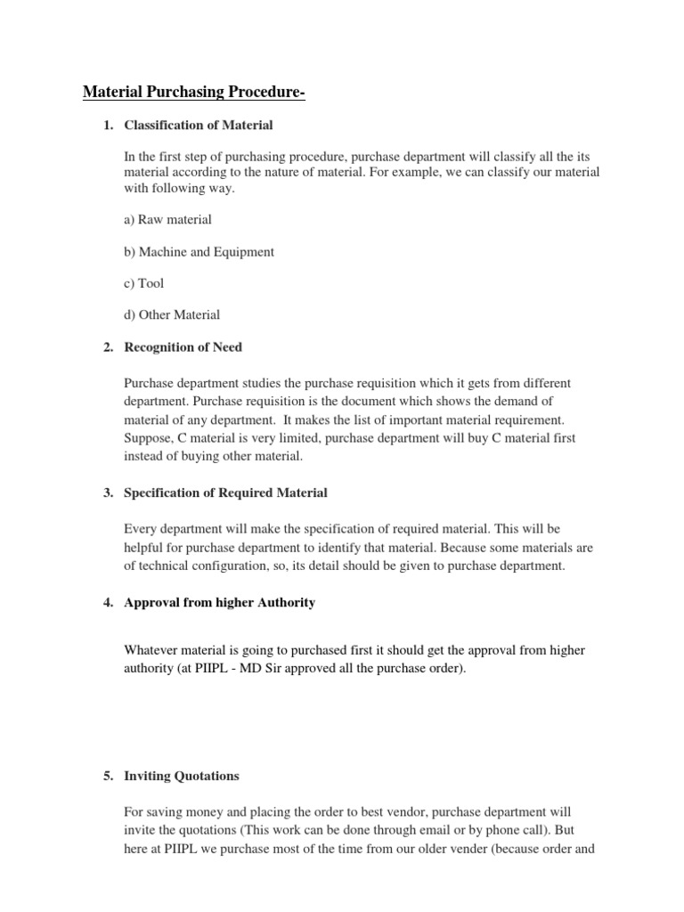 Material Purchasing Procedure PDF Business Economics Industries