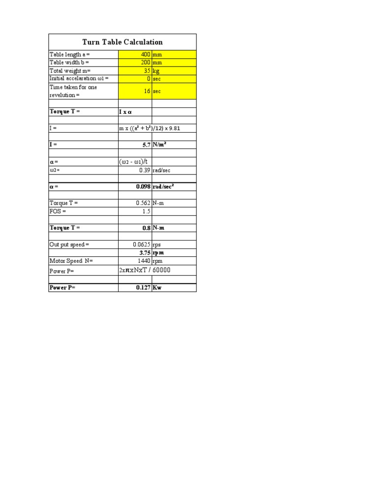 Turn Table Calculation | PDF