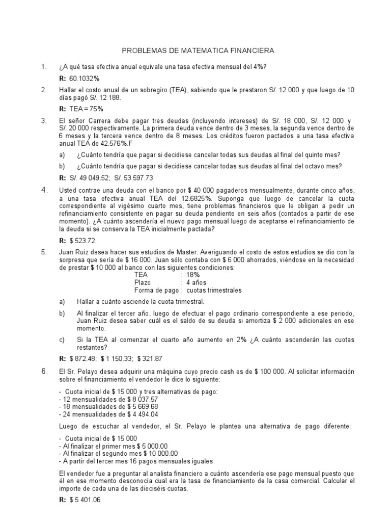 Problemas de Matemática Financiera | PDF | Deuda | Bancos