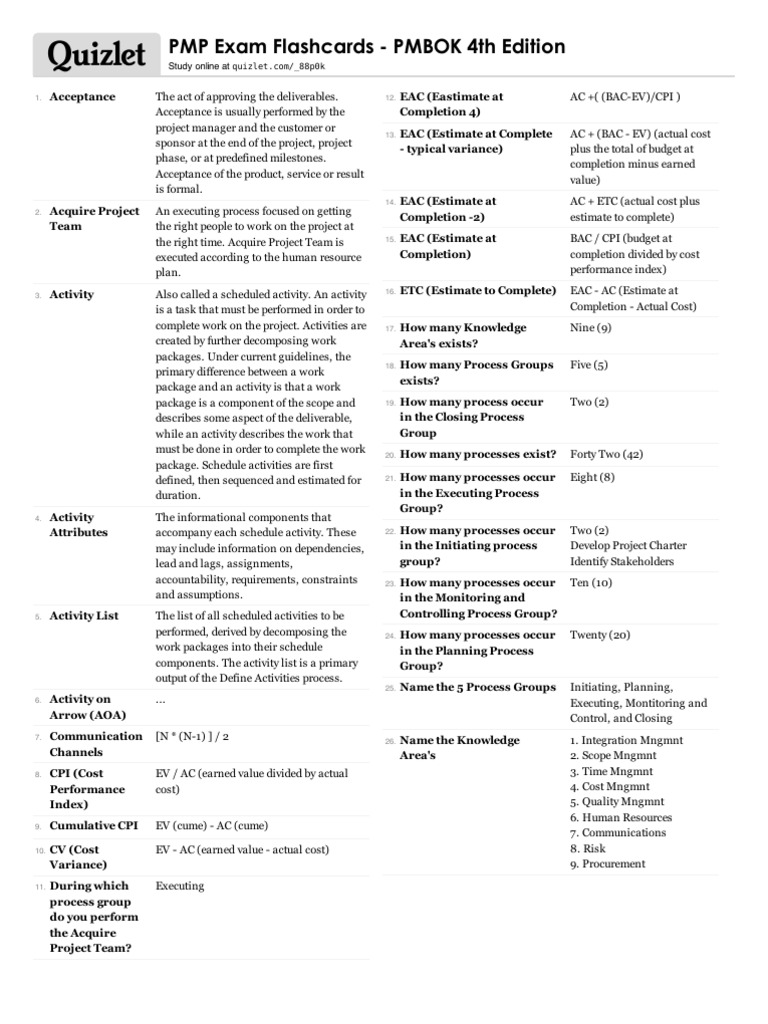 PMP Exam Flashcards - PMBOK 4t | PDF | Risk Management | Production And ...
