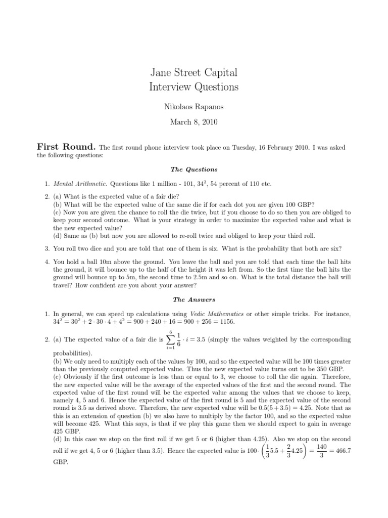 Jane Street Capital Interview PDF Expected Value Probability