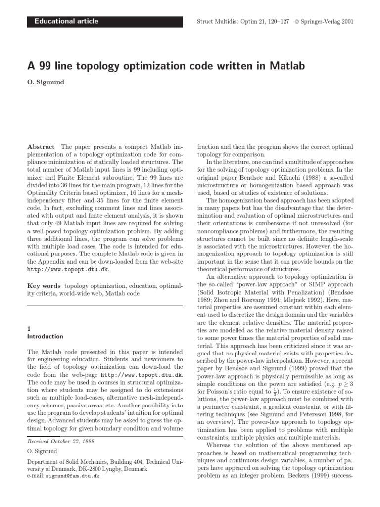 A 99 Line Topology Optimization Code Written in Matlab | PDF | Teaching ...