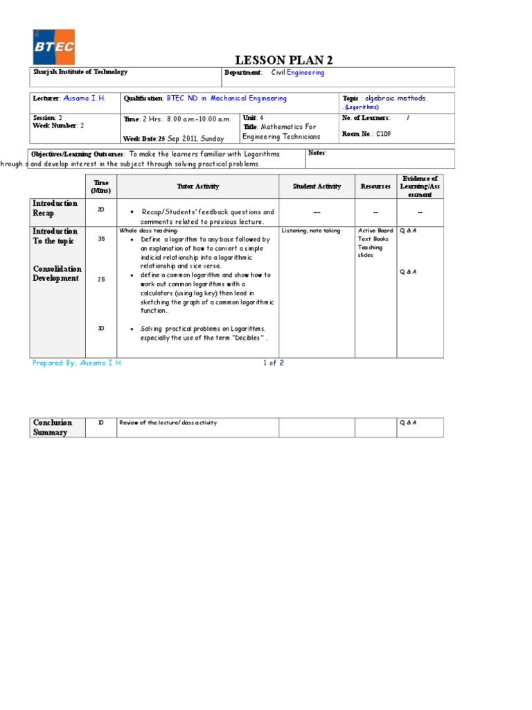 Logarithms Lesson Plan for Engineers | PDF | Computers