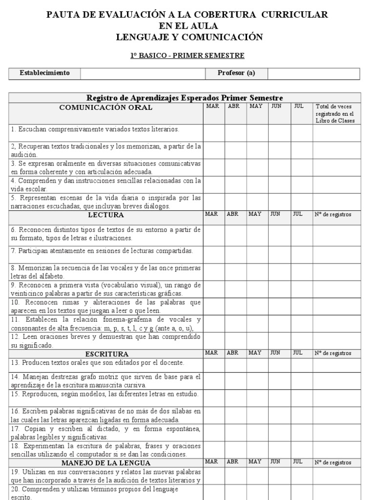 PAUTA DE EVALUACIÓN A LA COBERTURA CURRICULAR - LENGUAJE 