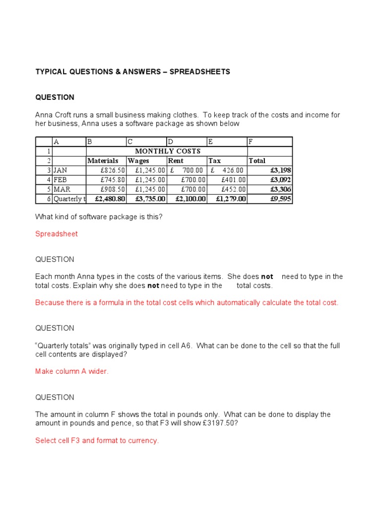 Spreadsheets Example Questions and Answers PDF