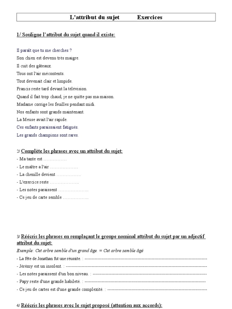 Exercice Cod Coi Attribut Du Sujet 6ème Pdf Marché Variété Absence attribut du sujet exercices à imprimer cm1  fraternité syllabe Parlement