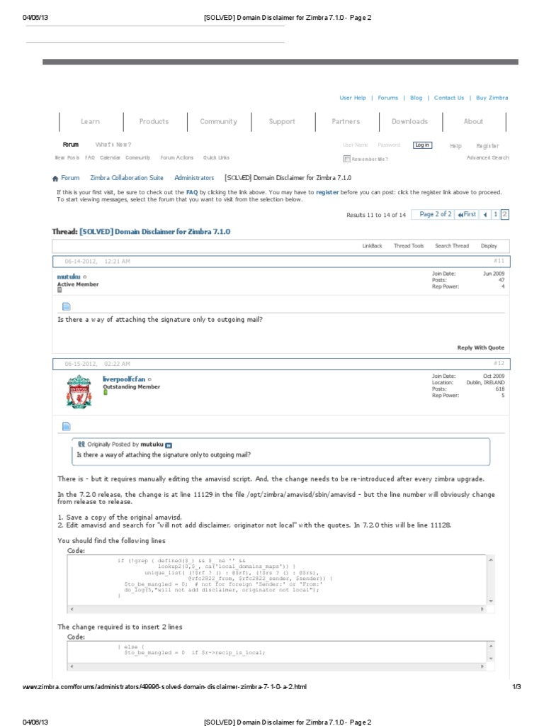 Zimbra 7.1.0 Domain Disclaimer Solution | PDF | Internet Forum | Online ...
