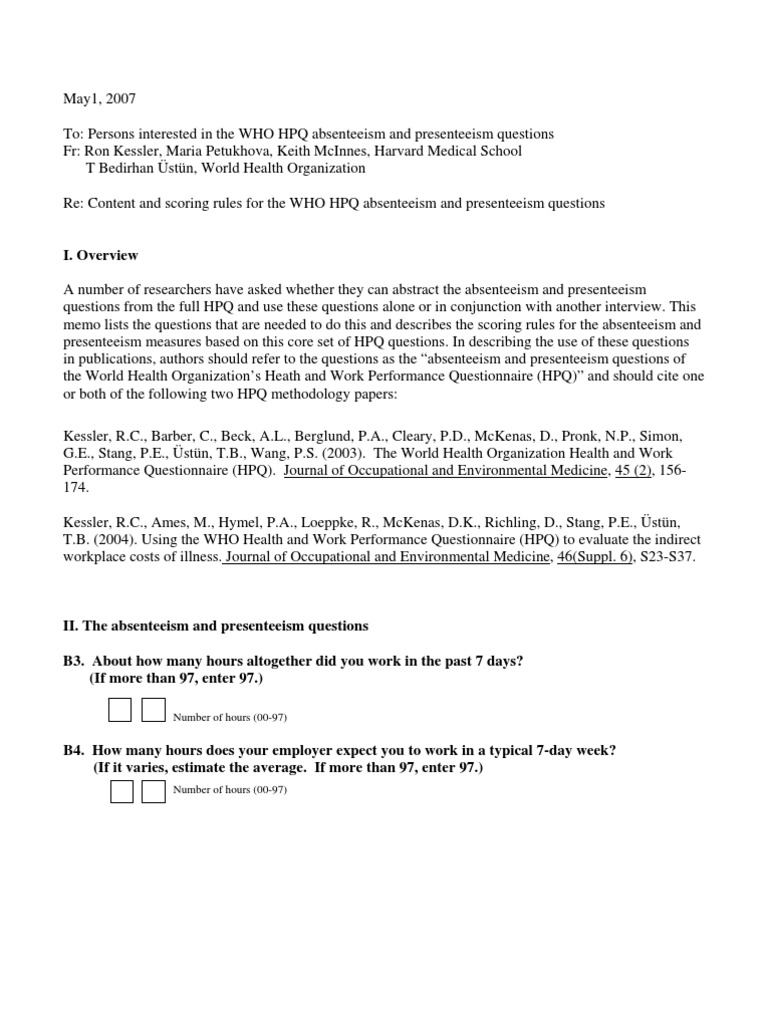 WHO HPQ Absenteeism & Presenteeism Guide | PDF | Science | Business