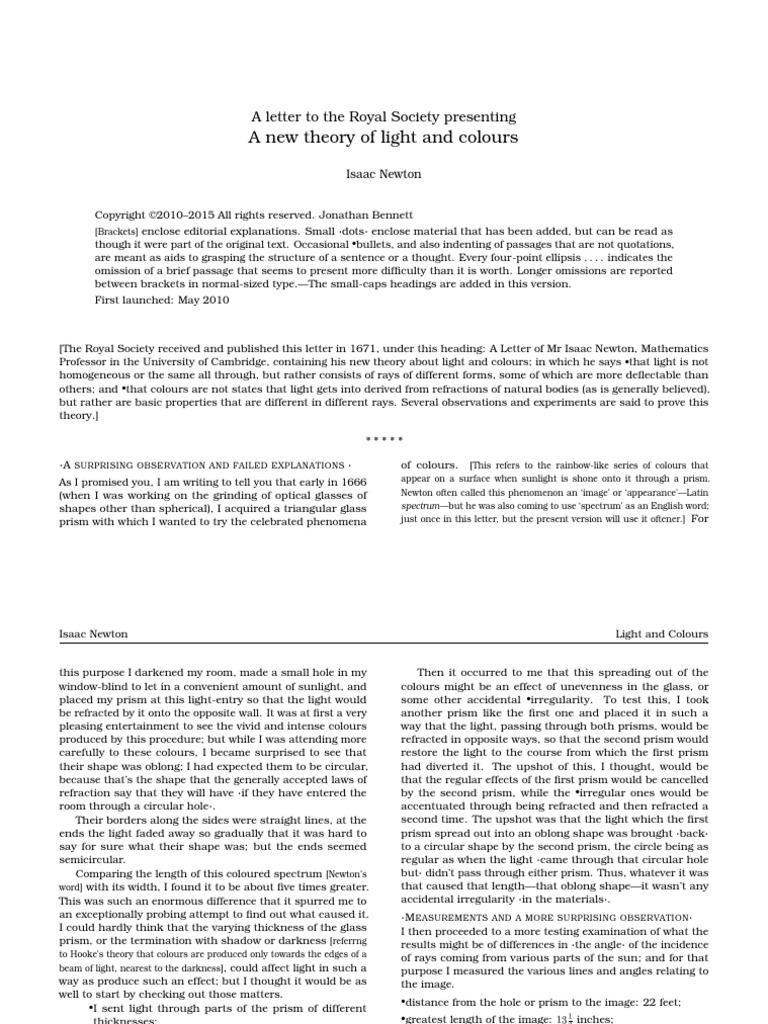 Issac Newton - New Theory of Light and Colours (1672) | PDF | Prism ...