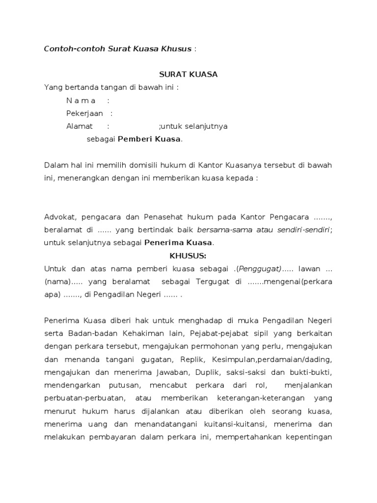 Contoh Surat Kuasa Khusus Ptun Penggugat