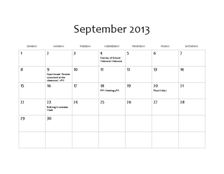 September 2013 School Events Calendar | PDF