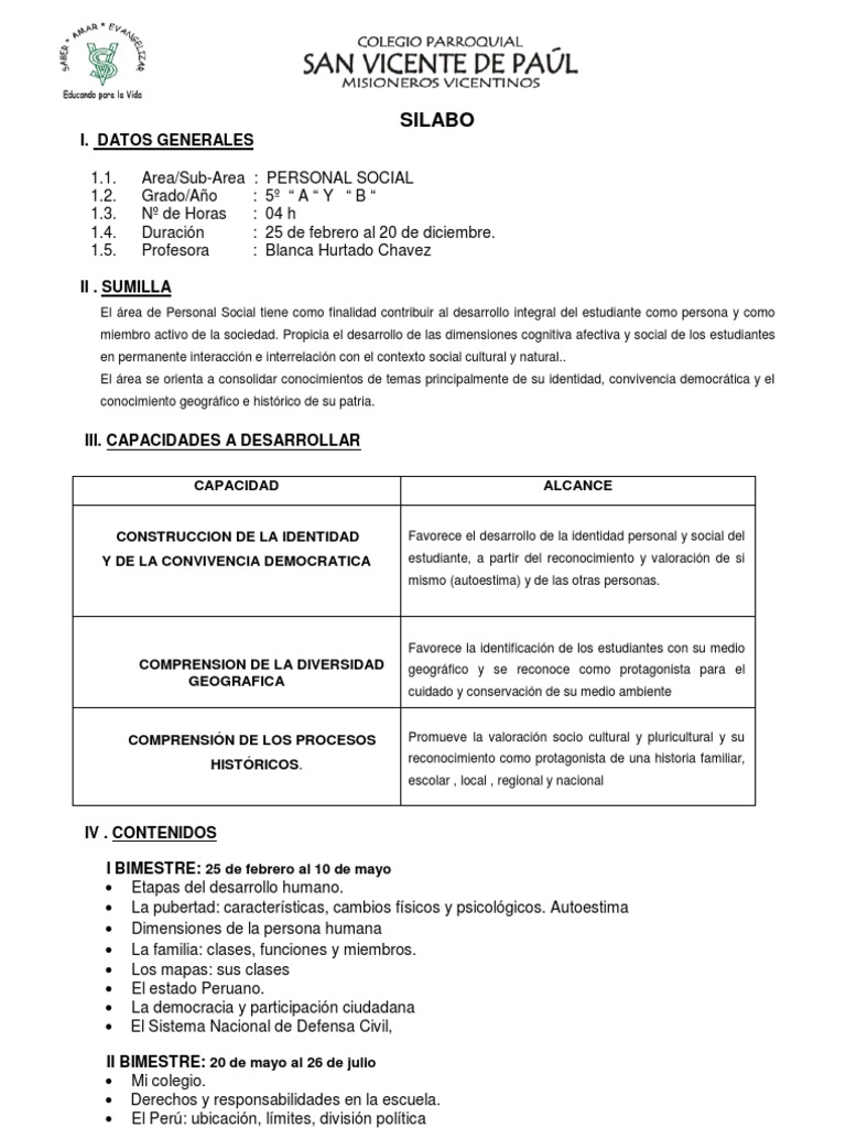 Silabo de Personal Social 5to Primaria | PDF | Américas | Perú
