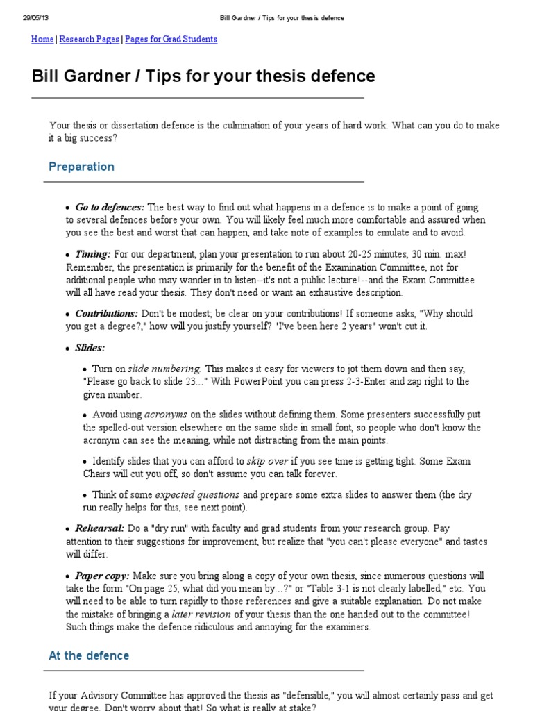 Bill Gardner Tips For Your Thesis Defence | PDF | Thesis | Graduate School
