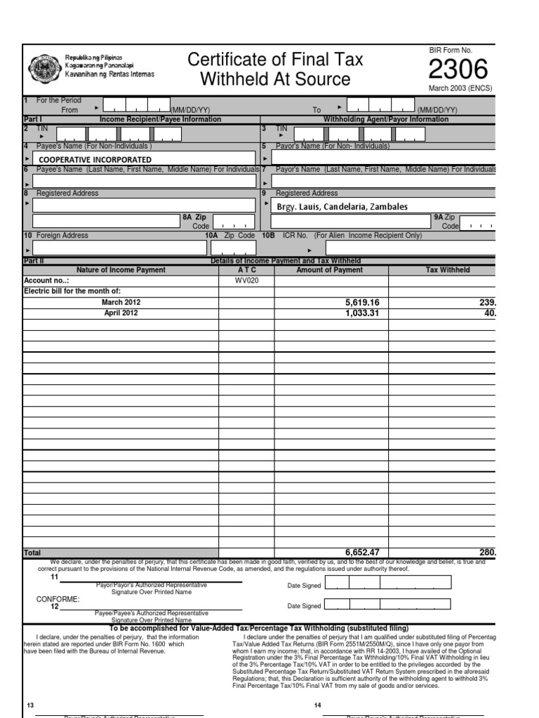 Form 2306 Witn Computation Electric Bill PDF Withholding Tax