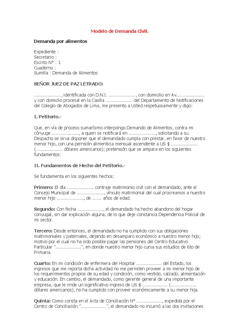Modelo de Demanda Civil | PDF | Manutención de los hijos | Demanda judicial