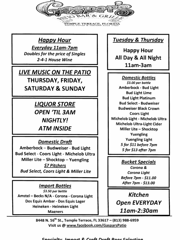 Gaspars Drink Menu 3gaspar's Patio Bar & Grille Drink Specials PDF