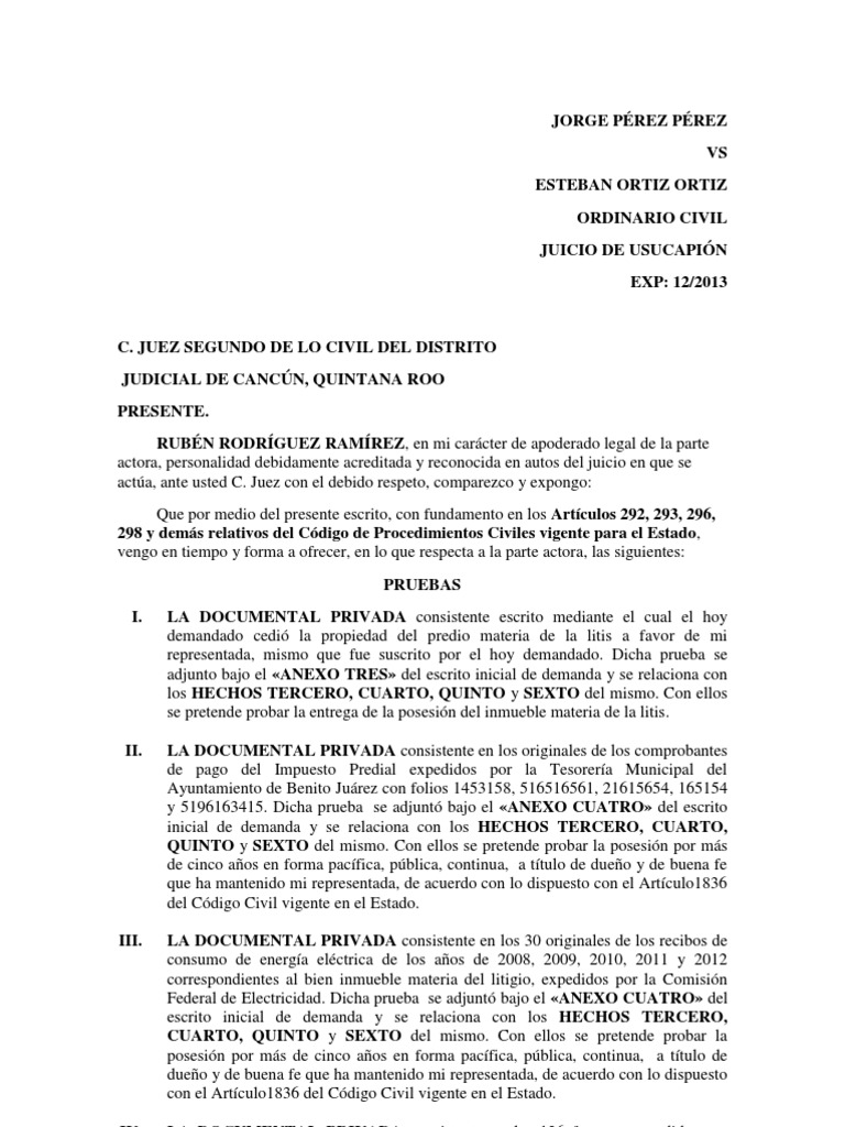 Ejemplo de Escrito de Pruebas, Juicio de Usucapión. | PDF | Posesión (Ley)  | Justicia